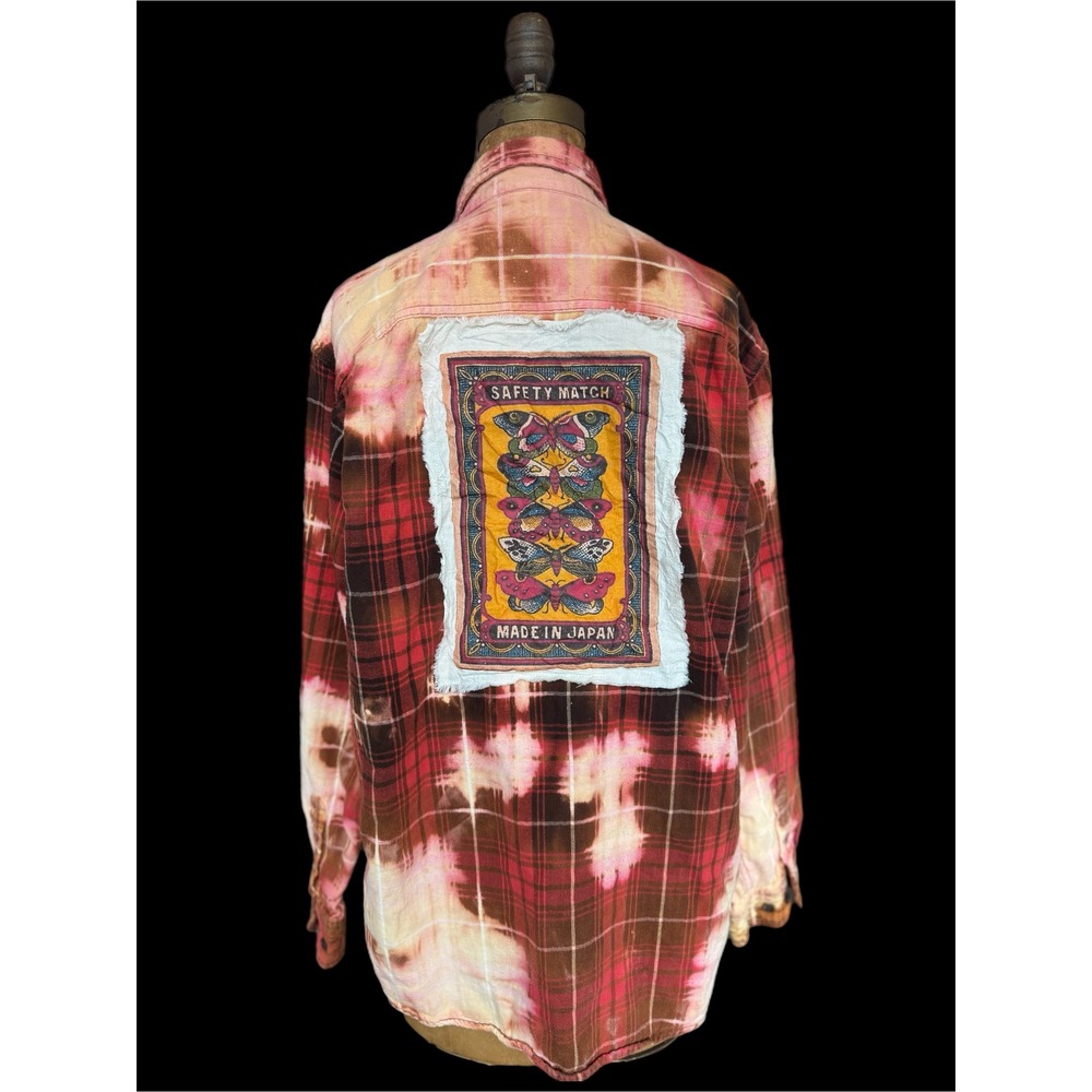 Vintage Butterfly Patch Bleached Flannel Shirt Upcycled Cotton Size Large - Picture 4 of 10